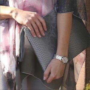 Grey Snakeskin Look Clutch Handbag Purse w Tassel NWT